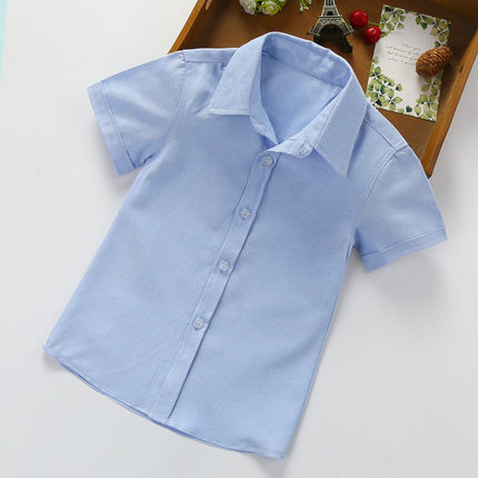 儿童短袖蓝色衬衫夏季翻领男童衬衣小学生校服表演服中大童上衣