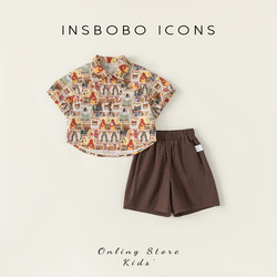 INSbobo儿童夏装套装2024新款动物印男童花衬衫两件套个性洋气