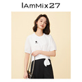 IAmMIX27短袖套头T恤女个性不对称打结衣摆时尚撞色印花圆领上衣