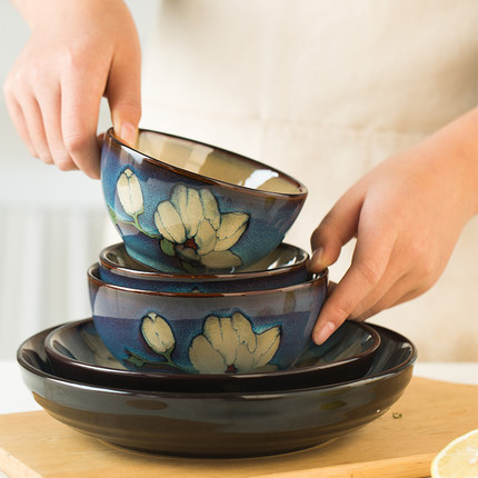 陶瓷碗家用日式复古创意个性网红可爱饭碗汤碗菜碟餐盘微波炉餐具