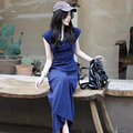 法式蓝色连衣裙女夏季气质高级感飞飞袖长裙收腰显瘦小个子T恤裙
