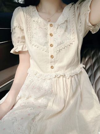 日本代购SLY 法式温柔风蕾丝拼接泡泡袖连衣裙女2024夏季气质长裙