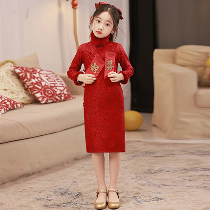 复古中国风旗袍女童加绒加厚长袖冬装儿童小女孩女大童童装拜年服