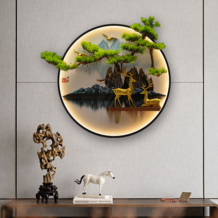 新中式装饰画带灯玄关客厅沙发背景墙上立体迎客松圆形风景挂画