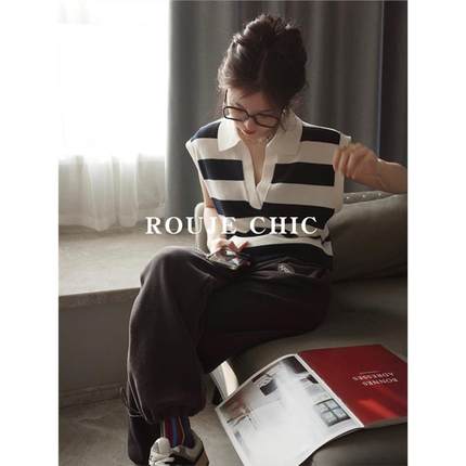 法国Rouje Chic法式条纹polo领冰丝针织短袖t恤女设计感无袖上衣