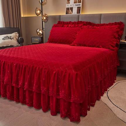 加厚高端婴儿宝宝绒夹棉床裙床罩单件结婚红色高级感蕾丝花边秋冬