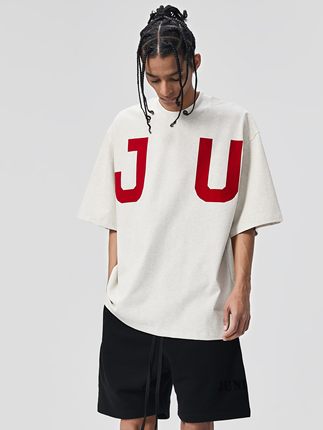 JUNI SANTINO 植绒印花短袖2023新款夏季设计感流行上衣宽松男T恤