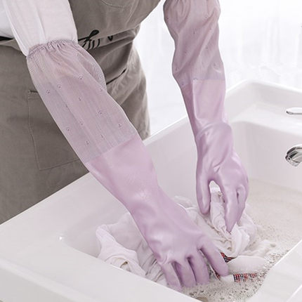 手套冬季女洗衣服家务植绒一体洗碗手套加长束口厨房耐用加绒加厚