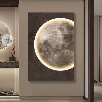 月球客厅装饰画高级感灯光画沙发背景墙落地挂画肌理砂岩玄关壁画