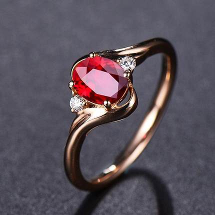 新品直播货款彩宝戒指女时尚椭圆形红钻玫瑰金开口指环鸡血红宝石