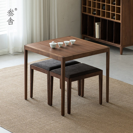 叁舍阳台小型茶桌北美黑胡桃实木新中式家用茶台现代正方形双人桌