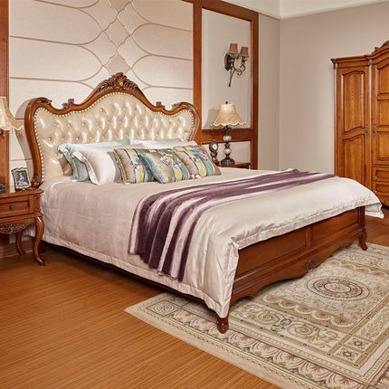 奥克维尔美式实木床头层真皮2.0x2.2米主卧大床别墅欧式床双人床