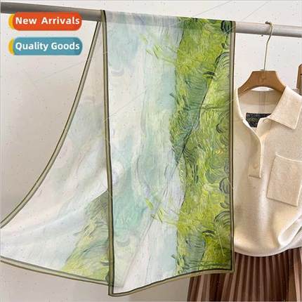 2022 new oil painting long silk scarf female fall winter nec