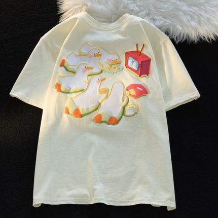 女童夏季多巴胺可爱鸭子发泡印花短袖甜酷T恤2024年新款大童上衣6