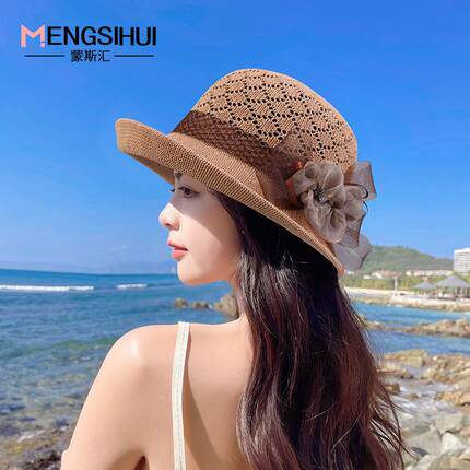 镂空渔夫帽草帽女士韩版夏季遮阳针织盆帽沙滩卷边花朵气质时装帽