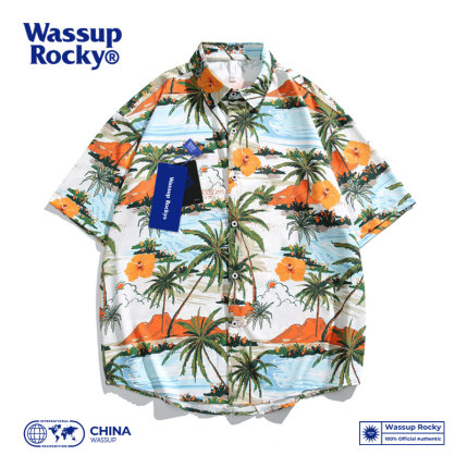 WASSUP夏威夷冰丝花短袖衬衫男夏季薄款沙滩宽松休闲情侣碎花衬衣