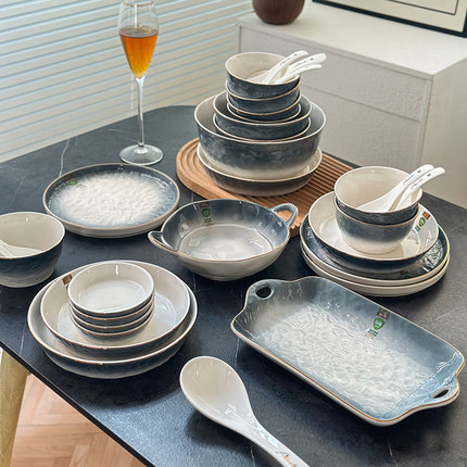 釉下彩碗碟套装家用菜盘圆餐具现代风简约轻奢碗盘碗筷组合米饭碗