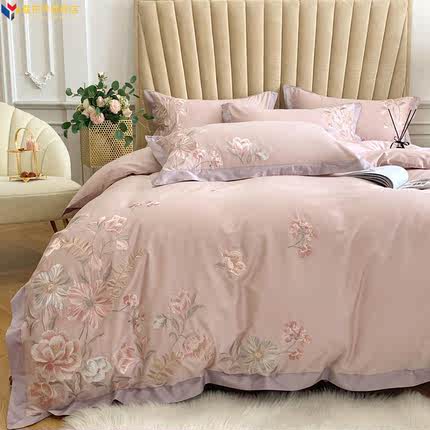 结婚庆家用床上全棉四件套纯棉刺绣花朵被套床单式豆沙色柔软床品