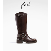 fed棕色长靴秋季新款女靴工装靴机车靴高筒靴皮靴女R0904-ZCA206