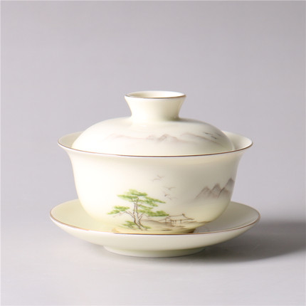 陶瓷釉下彩盖碗单个泡茶杯手绘宫廷风三才杯大号绿茶茶碗陶瓷耐热