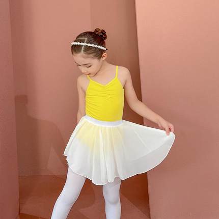 儿童舞蹈服夏季薄款棉女童练功服考级吊带中国舞黄色芭蕾舞裙子定