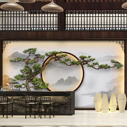 新中式山客厅水竹木纤维电视背景墙集成墙板饭店酒店迎客松护墙板