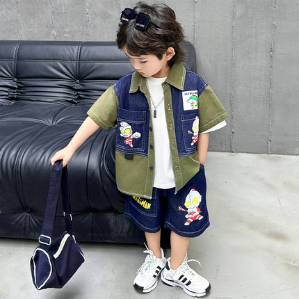 儿童装男童韩版衬衫套装2-10岁男孩奥特曼衣服宝宝夏季工装短袖潮