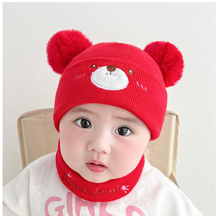 婴儿帽子围脖两件套男女宝宝卡通可爱套头帽保暖护耳帽小熊针织帽
