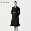 LANCY/朗姿春季新款黑色长袖羊毛裙子中长款职业气质西装连衣裙女