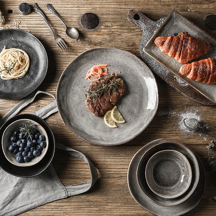复古陶瓷餐具盘子碗碟套装做怀旧日式牛排盘家用长方形圆菜盘点心