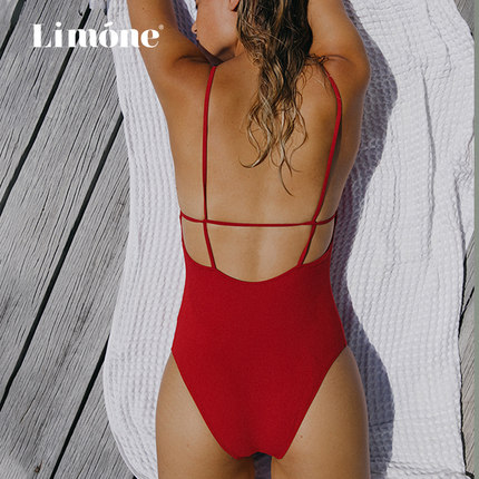 Limone2022春季新款细吊带圆领井字露背连体泳衣女显瘦遮肚泳装