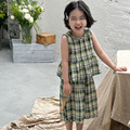 韩版童装女宝宝棉布两件套夏季新款女童无袖七分裤绿色格子套装