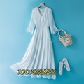 白色100%桑蚕丝连衣裙女夏季新款小个子高腰显瘦中长款短袖真丝裙