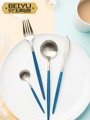 蓝金西餐吃牛排刀叉勺家用304不锈钢餐具欧式葡萄牙创意甜品勺子