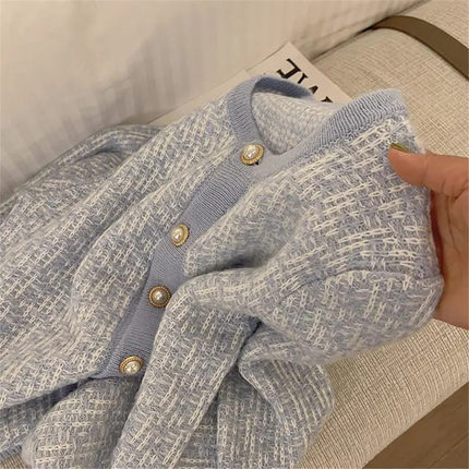 Round  Neck Pearl Button Cardigan Women'S Blue Sweater L