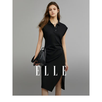 ELLE黑色无袖中长款设计感连衣裙女2023夏季新款小众薄款宽松裙子