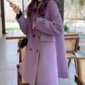 2024春夏年新款时尚紫色双面大衣女中长款韩版娃娃领呢子毛呢外套