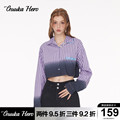 GUUKAHERO紫色条纹长袖衬衫女短款 嘻哈撞色印花口袋休闲衬衣修身
