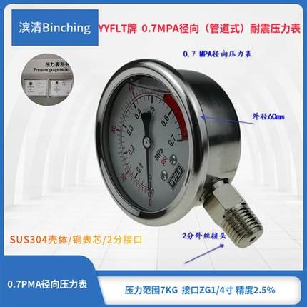 滨清 YN60耐震压力表 径向 不锈钢外壳 0-0.7PMa 纯水机RO机配件