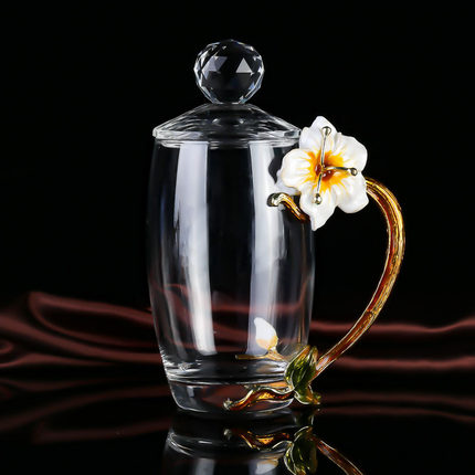 新款彩雕花珐琅杯创意单层隔热水杯透明水晶礼品情侣玻璃杯子
