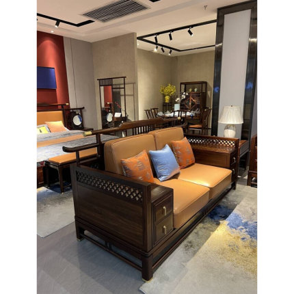 新品新中式乌金木纯实木沙发组合轻奢布艺现代简约真皮大户型客厅