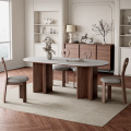 法式复古岩板餐桌椭圆形客厅白蜡木侘寂风家用小户型意式实木餐桌