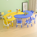 儿童桌椅套装游戏学习月牙弧形弯塑料幼儿园月亮桌子椅子套装两用