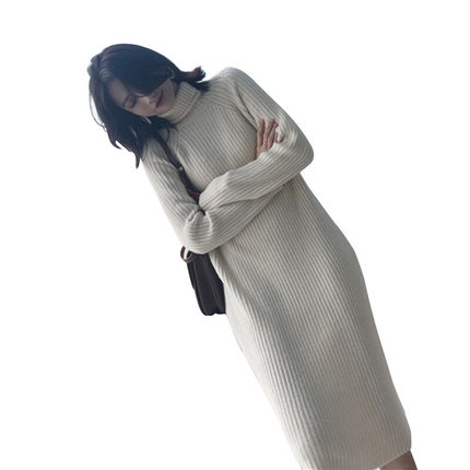 2024新款韩版高领长款毛衣裙女秋季宽松设计感过膝针织打底连衣裙
