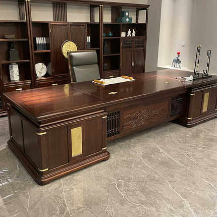 总裁桌新中式办公桌椅组合实木老板桌简约现代大班台办公室乌金木