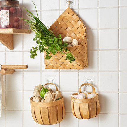 肆月厨房蔬菜置物架木质墙上悬挂收纳壁挂式放葱姜蒜调料篮筐神器