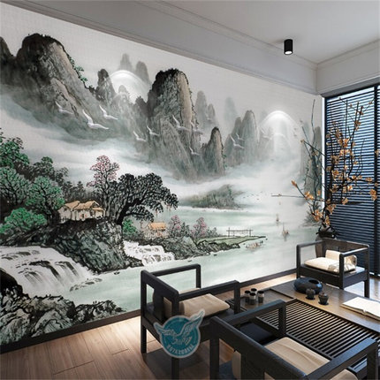 中式客厅沙发8d立体凹凸壁画卧室墙纸水墨山水 5d电视背景墙壁纸