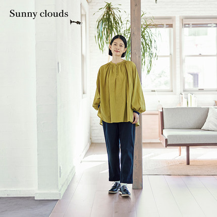 春季新品 桑妮库拉/Sunny clouds女式纯棉杨柳绉中长款灯笼袖衬衫