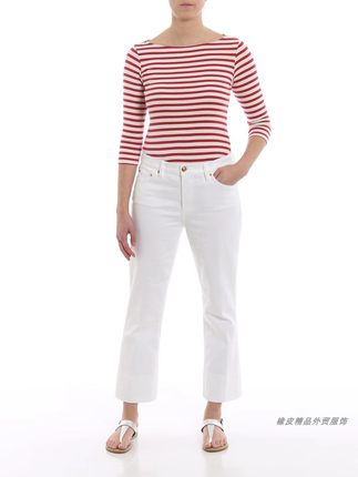 女式外贸TB白色高腰版型挺廓夏季舒适修身微喇显瘦九分牛仔裤