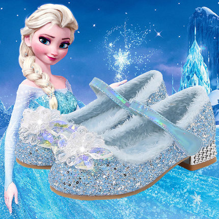 女童公主鞋冬季新款爱莎女宝小皮鞋洋气女孩水晶高跟艾莎儿童鞋毛